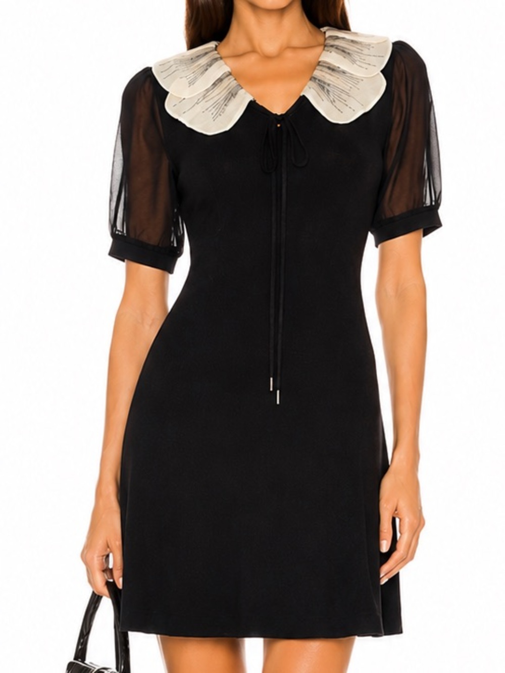 Black Knit Mini Dress Sheer Puff Sleeve Embroidered Collar Coquette Goth Chic